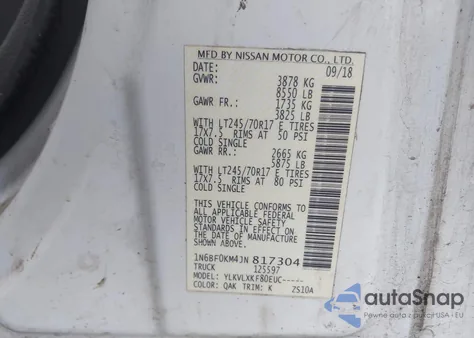 2018 Nissan Nv Cargo Nv1500 Sv V6 z USA, uszkodzony, nr VIN 1N6BF0KM4JN817304